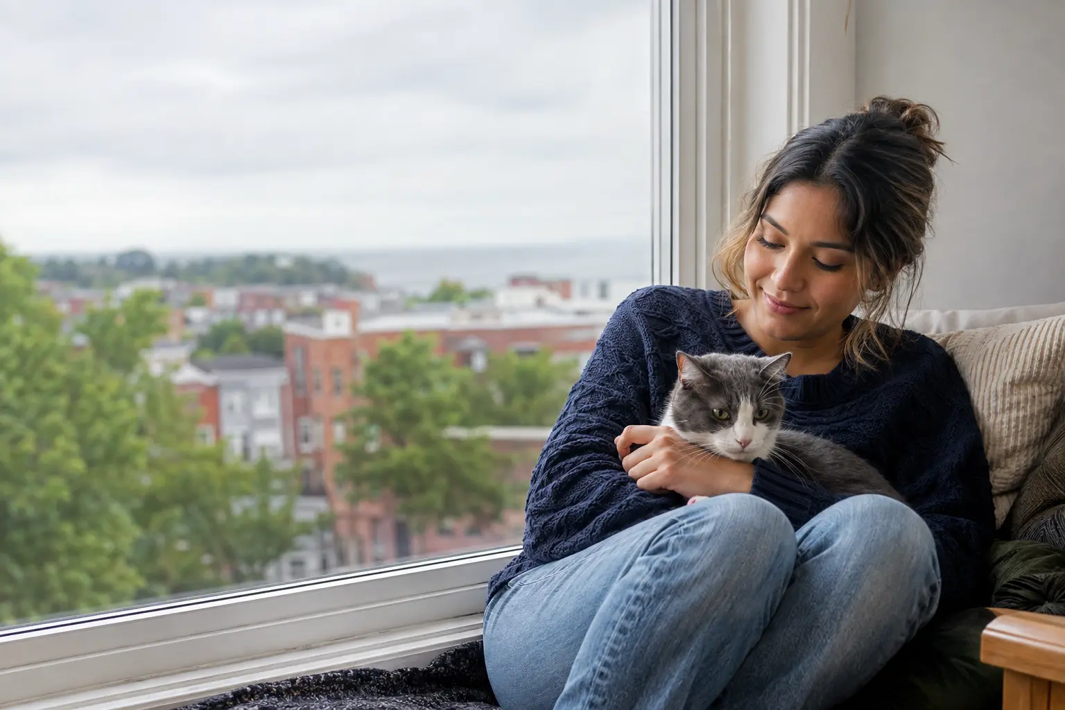 Connecticut resident relaxing at home with an emotional support cat